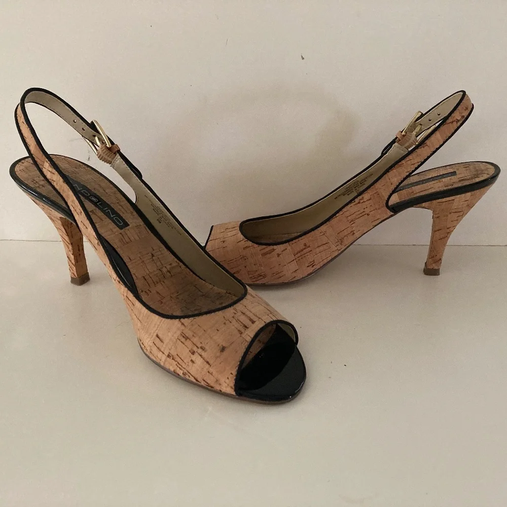 Bandolino Art Deco Cork & Black Trim Peep Toe Slingback Heels/Size 8M/EUC!